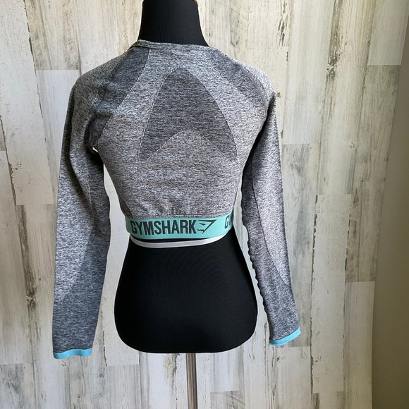 CLEARANCE! Gymshark Size Medium Flex Crop Top Grey Teal Blue Logo Band - Picture 4 of 6